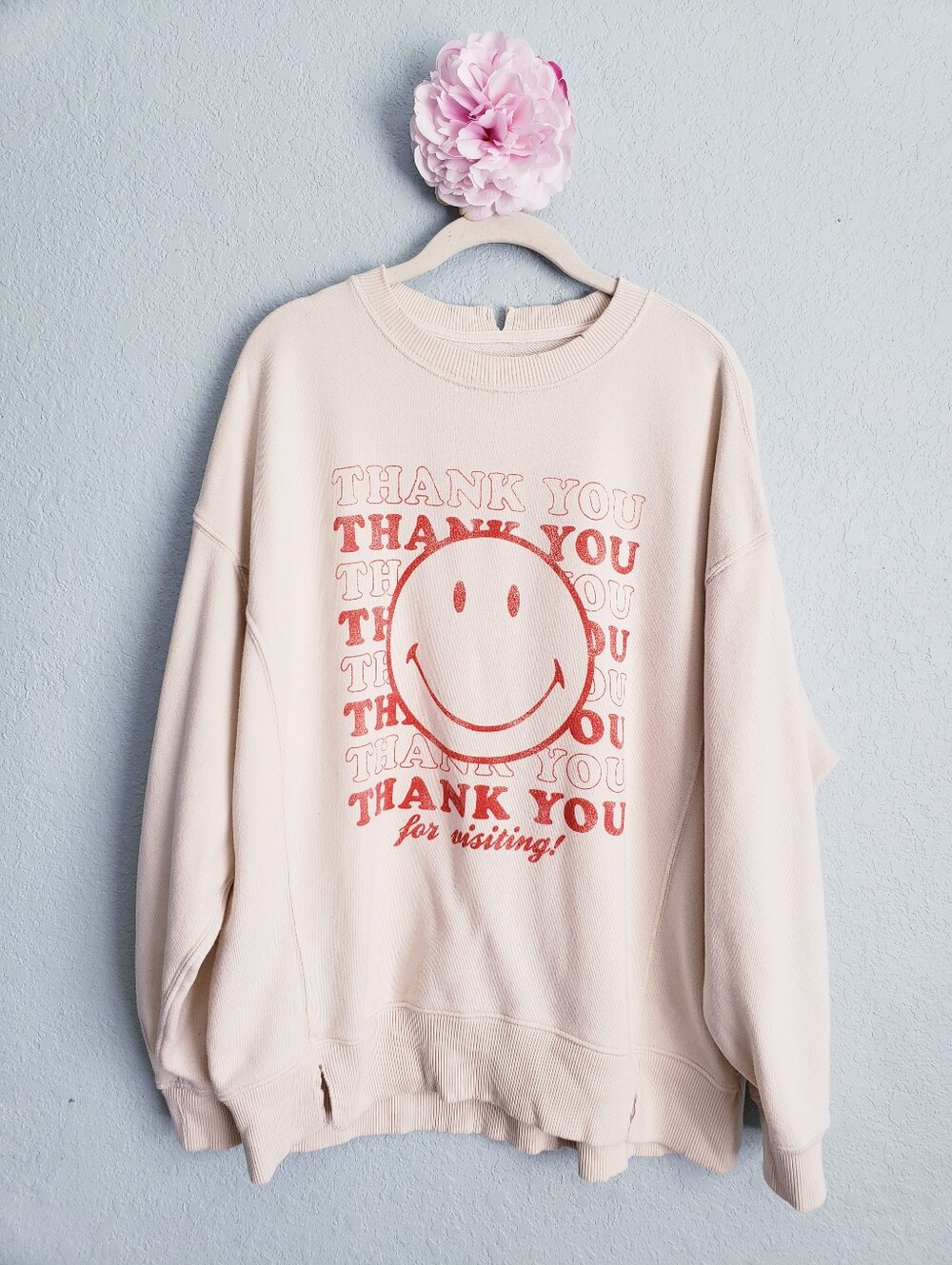 Aerie Smiley Company Thank You Off White Oversized Crewneck Sweater